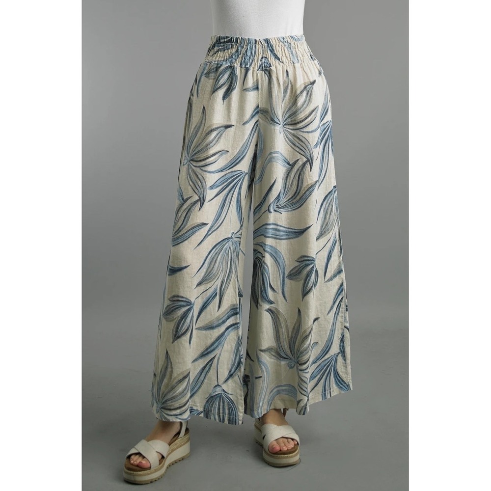 Tempo Paris Linen Palazzo Pants Small Beige Leaf Print Smocked Waist X Wide Leg